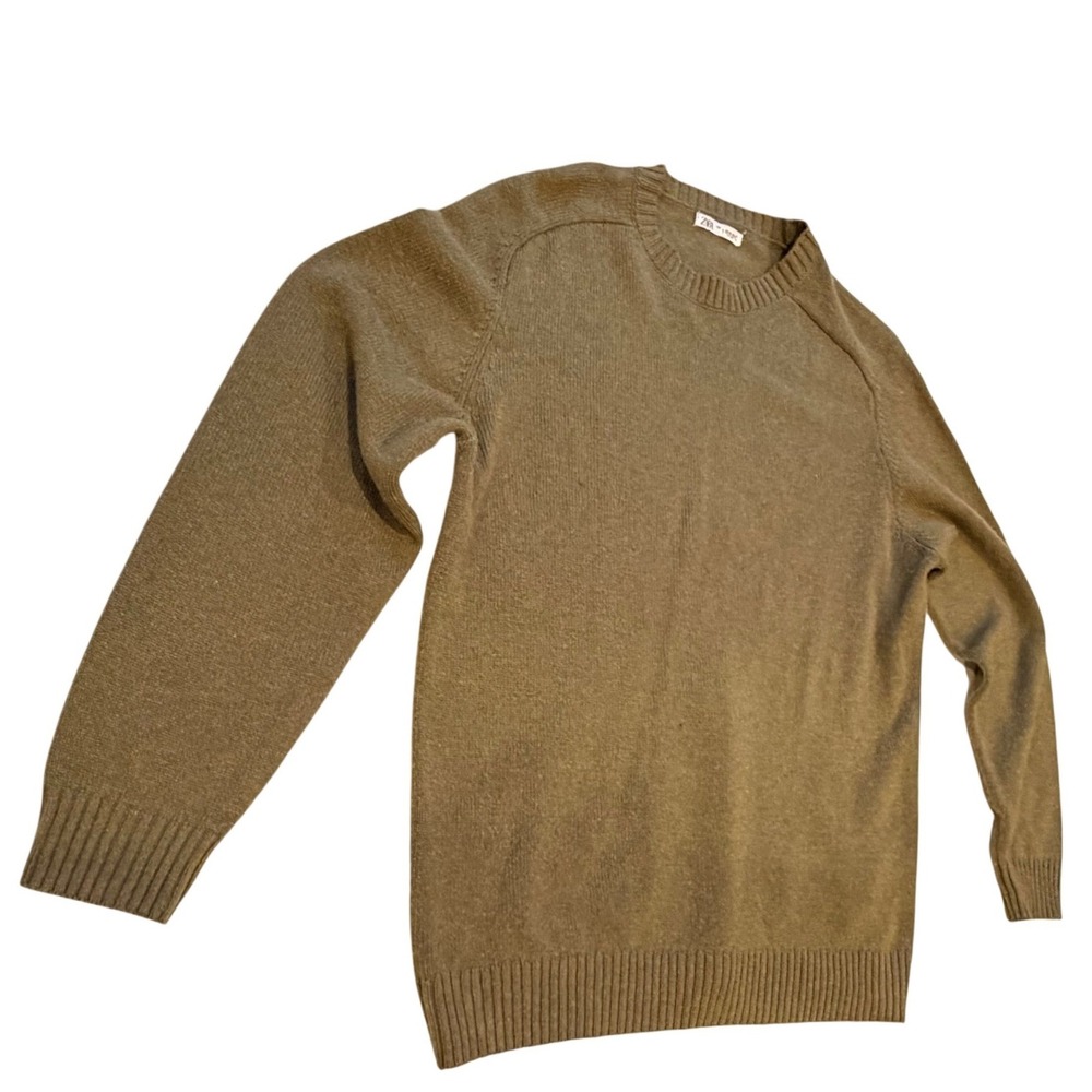 Zara Mens‎ V-Neck Knit Pullover Sweater Large Olive Green Earthy Ribbed Trim - Picture 4 of 6